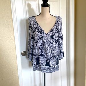 INC navy and white print top